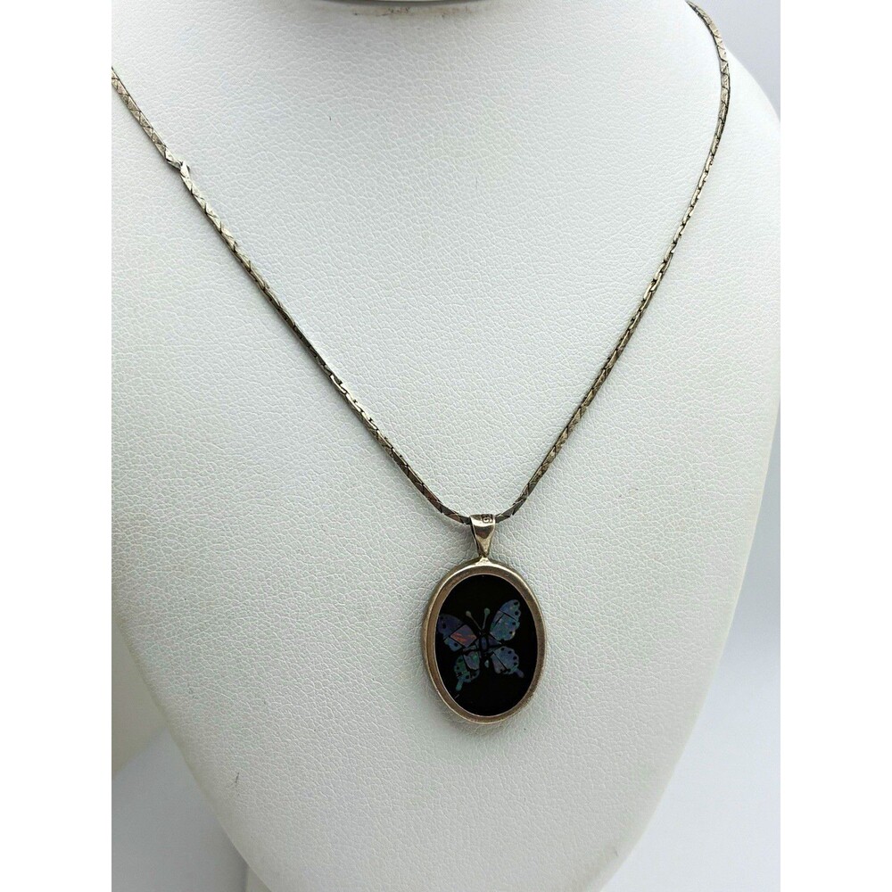 Abalone Butterfly Black Onyx Inlay Necklace 18” Vintage Sterling Silver 925